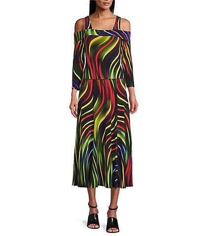 Eva Varro Rainbow Waves Print Knit Jersey Off-the-Shoulder 3/4 Sleeve A-Line Midi Dress