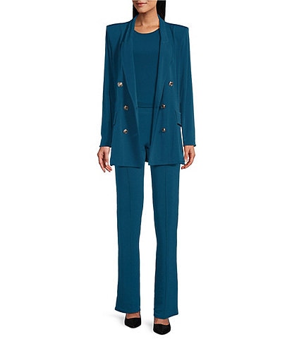 Eva Varro Solid Knit Jersey Peak Lapel Long Sleeve Double-Breasted Jacket & Solid Knit Jersey Flat Front Stitch-Down Leg Pant