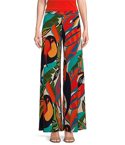Eva Varro Toucan Tropical Leaf Print Knit Jersey Elastic Waist Wide-Leg Pull-On Pants