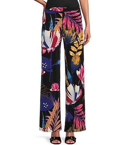 Eva Varro Tropical Print Knit Jersey Elastic Waist Coordinating Wide-Leg Pull-On Pants