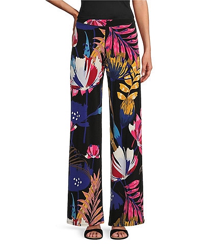 Eva Varro Tropical Print Knit Jersey Elastic Waist Coordinating Wide-Leg Pull-On Pants