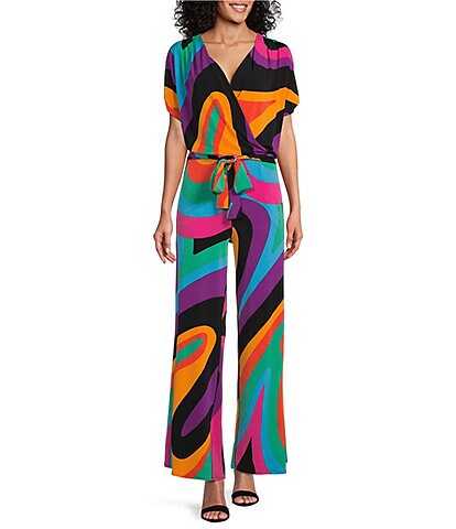 Eva Varro Wally Pop Art Swirl Print Surplice V-Neck Short Sleeve Wide Leg Knit Jersey Jumpsuit