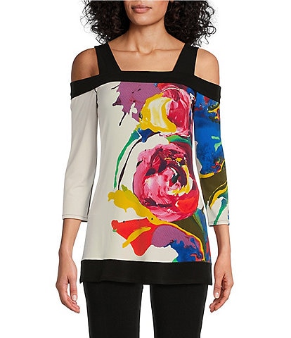 Eva Varro Watercolor Floral Placement Print Knit Jersey Square Neck 3/4 Sleeve Cold Shoulder Tunic
