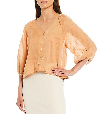 Every Button Front 3/4 Balloon Sleeve V-Neck Blouse