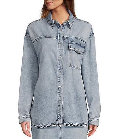 Every Denim Boyfriend Point Collar Button Front Patch Pocket Shirttail Shirt