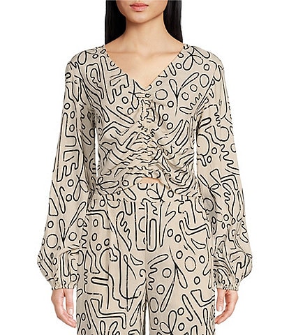 Every Doodle Abstract Print Linen Blend Long Sleeve Coordinating Crop Top
