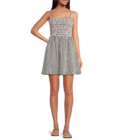 Every Knit Striped Square Neck Sleeveless Smocked A-Line Mini Dress