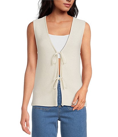 Every Knit V-Neck Sleeveless Tie Front Blouse