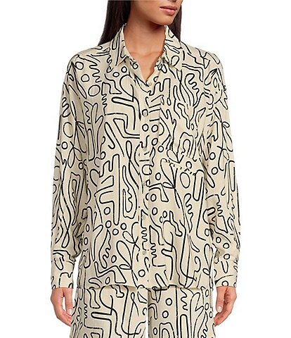 Every Linen Abstract Print Linen Blend V-Neck Long Sleeve Button Front Blouse