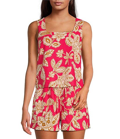 Every Floral Print Sleeveless Square Neck Coordinating Linen Tank