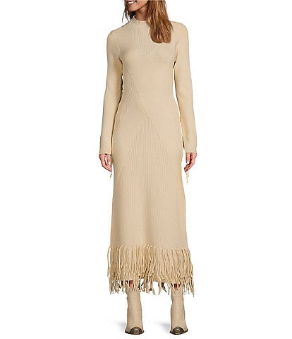 Every Ribbed Knit Mock Neck Long Sleeve Criss Cross Bodycon Tiered Fringe Maxi Sweater Dress