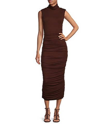 Every Ruched Knit Mock Neck Sleeveless Bodycon Midi Dress