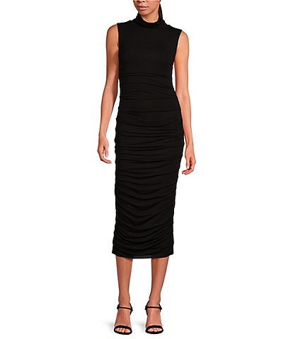 Every Ruched Knit Mock Neck Sleeveless Bodycon Midi Dress