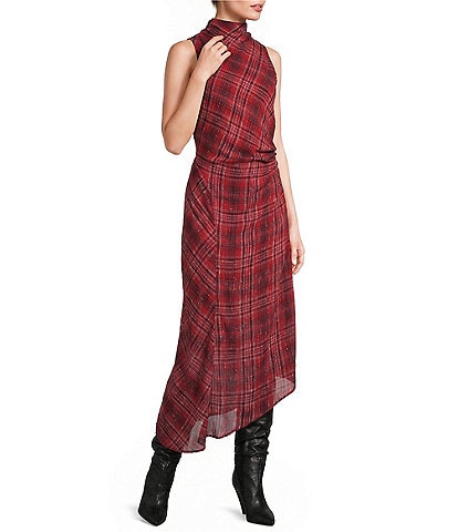 Every Ruched Plaid Mock Collar Midi Sleeveless Dress