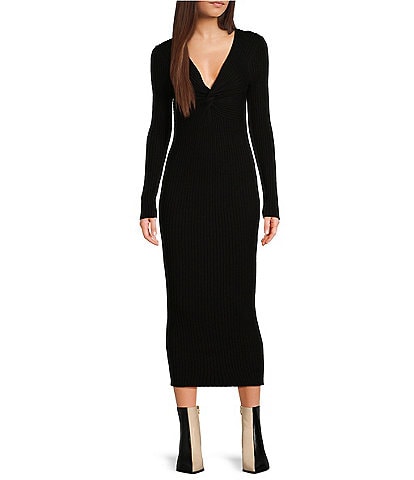 Every Ruched Twist Front V-Neck Long Sleeve Maxi Bodycon Sweater Dress