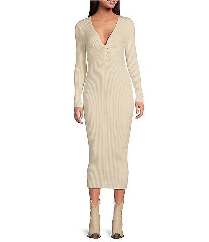 Every Ruched Twist Front V-Neck Long Sleeve Maxi Bodycon Sweater Dress