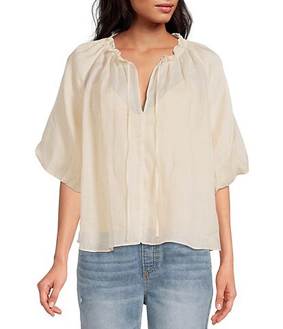 Every Ruffle Crew Tie Neck Short Elbow Puff Sleeve Peasant Top