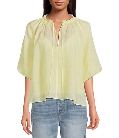 Every Ruffle Crew Tie Neck Short Elbow Puff Sleeve Peasant Top