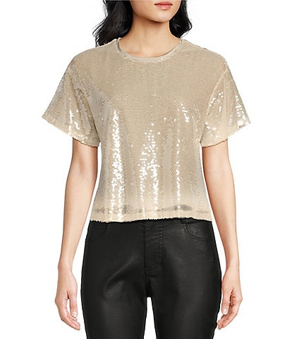 Every Short Sleeve Crew Neck Sequined Blouse