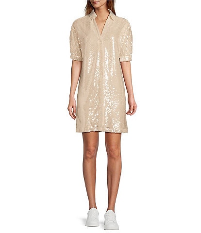 Every Short Sleeve Collared Sequin Shift Dress