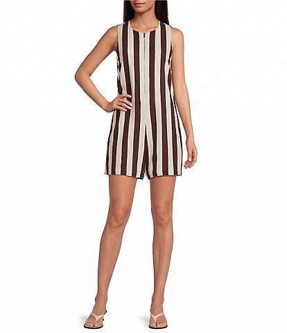 Every Stripe Linen Blend Round Neck Sleeveless Romper