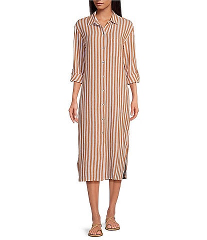Every Striped Point Collar Long Sleeve Button Front Shirt Dress