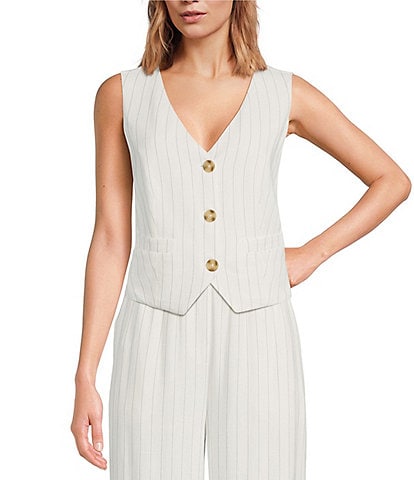 Every Striped Sleeveless V-Neck Button Front Coordinating Vest