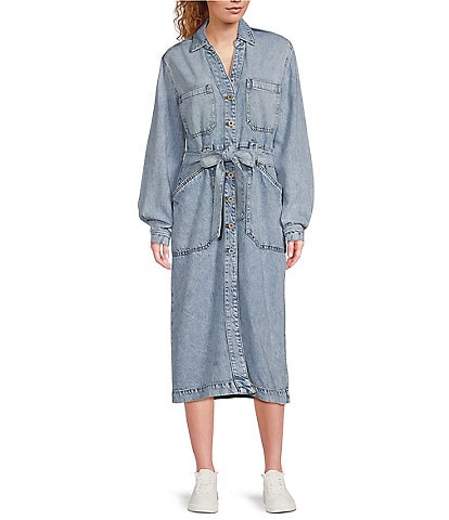 Every Vintage Wash Denim Point Collar V-Neck Long Sleeve Button Front Belted Midi Shirt Dress