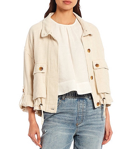 Every Washed Twill Long Roll-Tab Sleeve Drawstring Waist Open Lapel Jacket