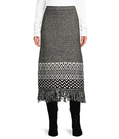 Every Wool Blend Geometric Print High Rise Fringe Hem Maxi Sheath Coordinating Skirt