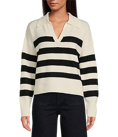 Every Wool Rugby Stripe Pointed White Collar V-Neck Long Sleeve Pullover