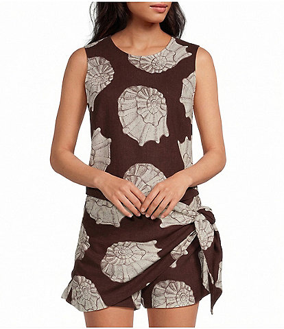 Every Woven Shell Print Round Neck Sleeveless Tie Back Coordinating Top