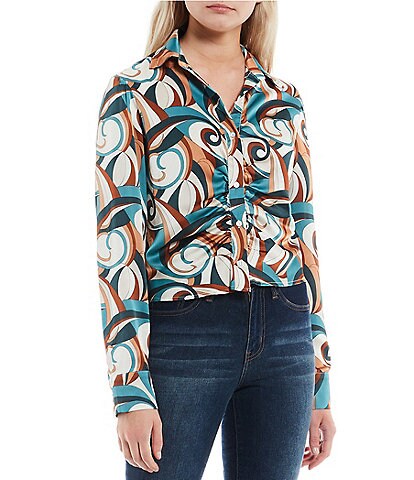 Evolutionary Button Front Long Sleeve Collared Cinched Swirl Print Top