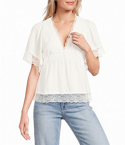 Evolutionary Deep V-Neck Lace Trim Short Sleeve Top