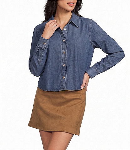Evolutionary Denim Collared Button Front Long Sleeve Top