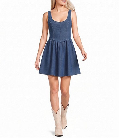 Evolutionary Denim Scoop Neck Corset Tie Back Dress