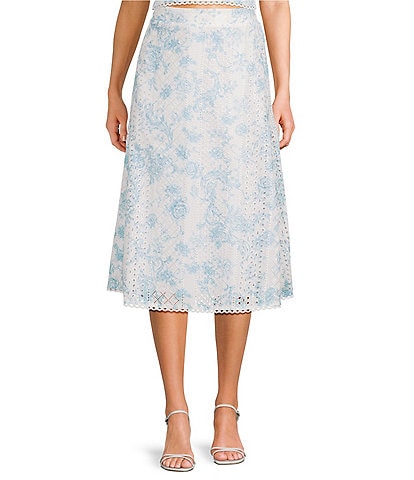 Evolutionary Embroidered Floral Eyelet Mid Rise A-Line Midi Skirt