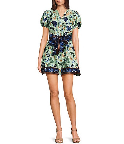 Evolutionary Floral Print Poplin Short Sleeve Belted Dress