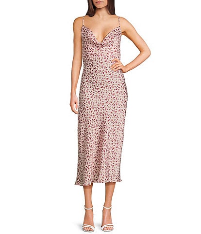 Evolutionary Floral Printed Cowl Neck Midi Slip Dress