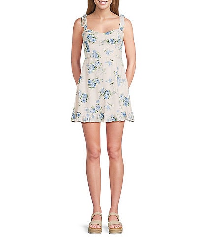 Evolutionary Floral Printed Sweetheart Neck Tie Shoulder Corseted Dress