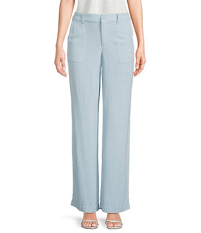 Evolutionary Linen Tencel Blend Mid Rise Button Front Flat Front Wide Leg Pants