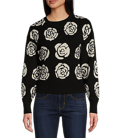 Evolutionary Long Sleeve Crewneck Rose Jacquard Printed Sweater