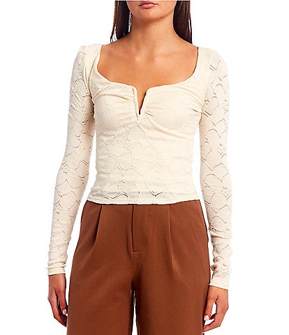Evolutionary Notch Front Lace Trim Long Sleeve Top