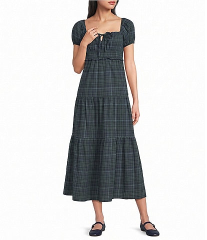 Evolutionary Plaid Short Puff Sleeve Maxi Dress