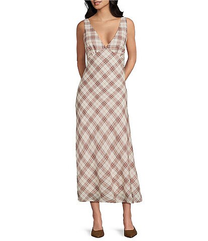 Evolutionary Plaid V-Neck Midi Dress