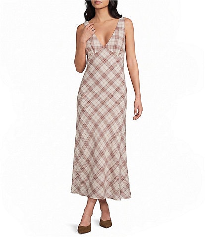 Evolutionary Plaid V-Neck Midi Dress