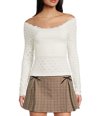 Evolutionary Pointelle Lace Off-The-Shoulder Long Sleeve Top