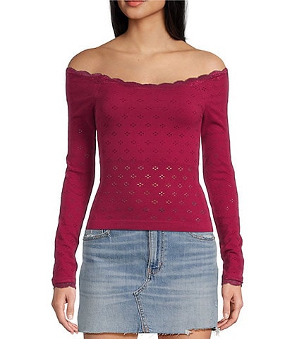 Evolutionary Pointelle Lace Off-The-Shoulder Long Sleeve Top