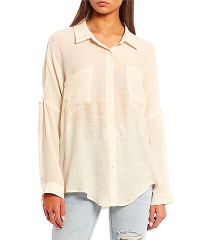Evolutionary Roll-Tab Long Sleeve Patch Pocket Linen-Look Button Down Blouse