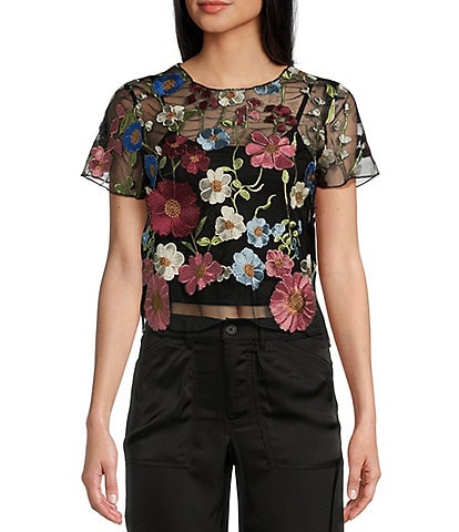 Evolutionary Short Sleeve Floral Embellished Pullover Top